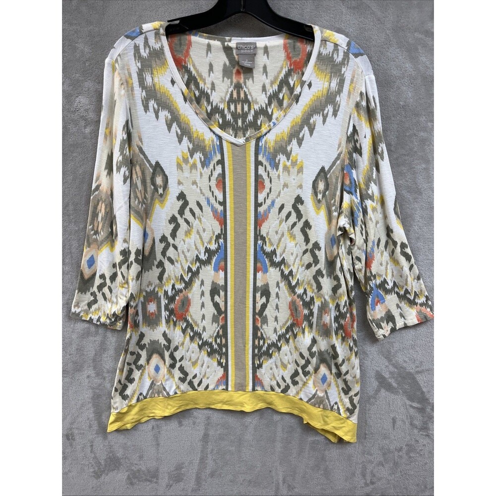 Chico’s Zenergy Top 2 L Colorful Printed Tunic 3/4 Sleeve Aztec Western Tunic